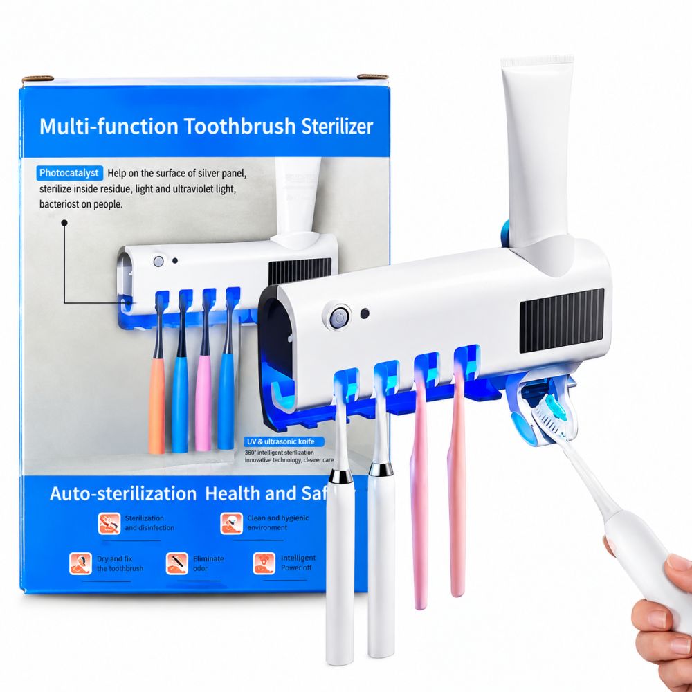 dispensador de crema y cepillos de dientes