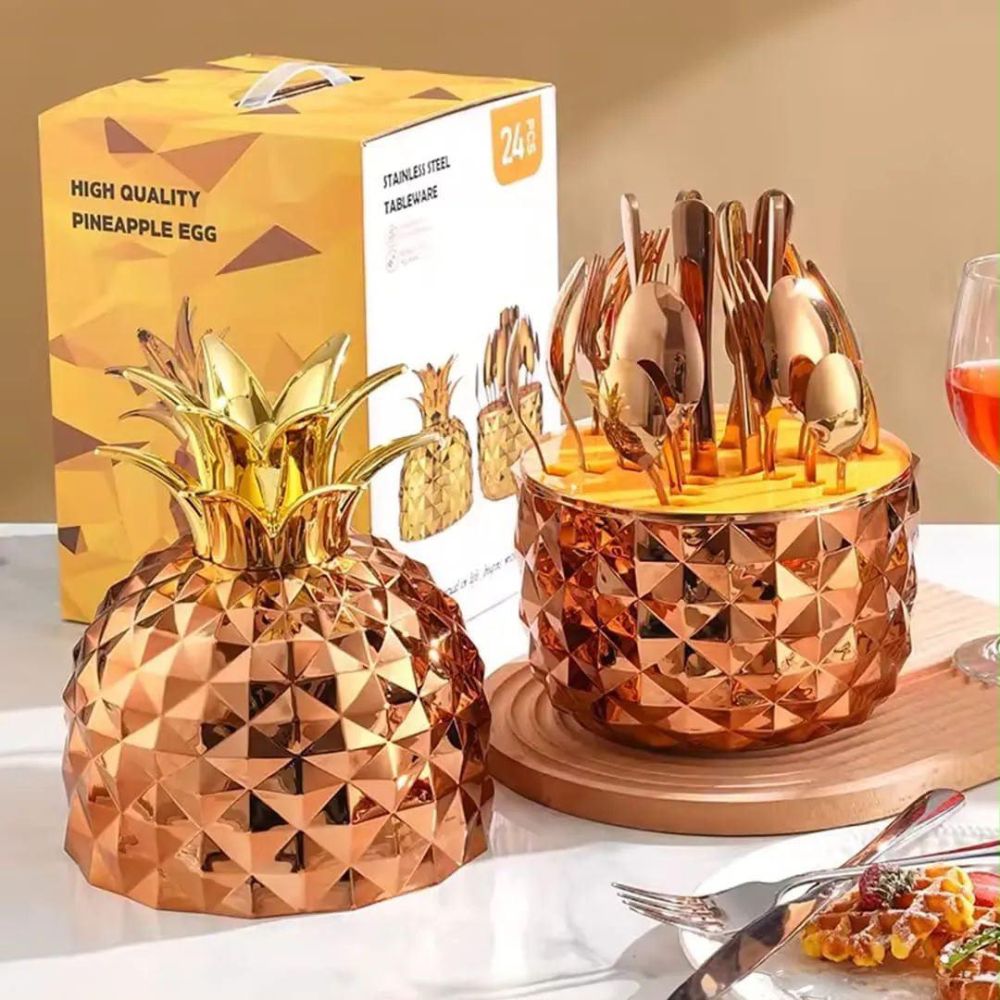 Set de cubiertos de acero inoxidable con diseño de piña, 24 piezas