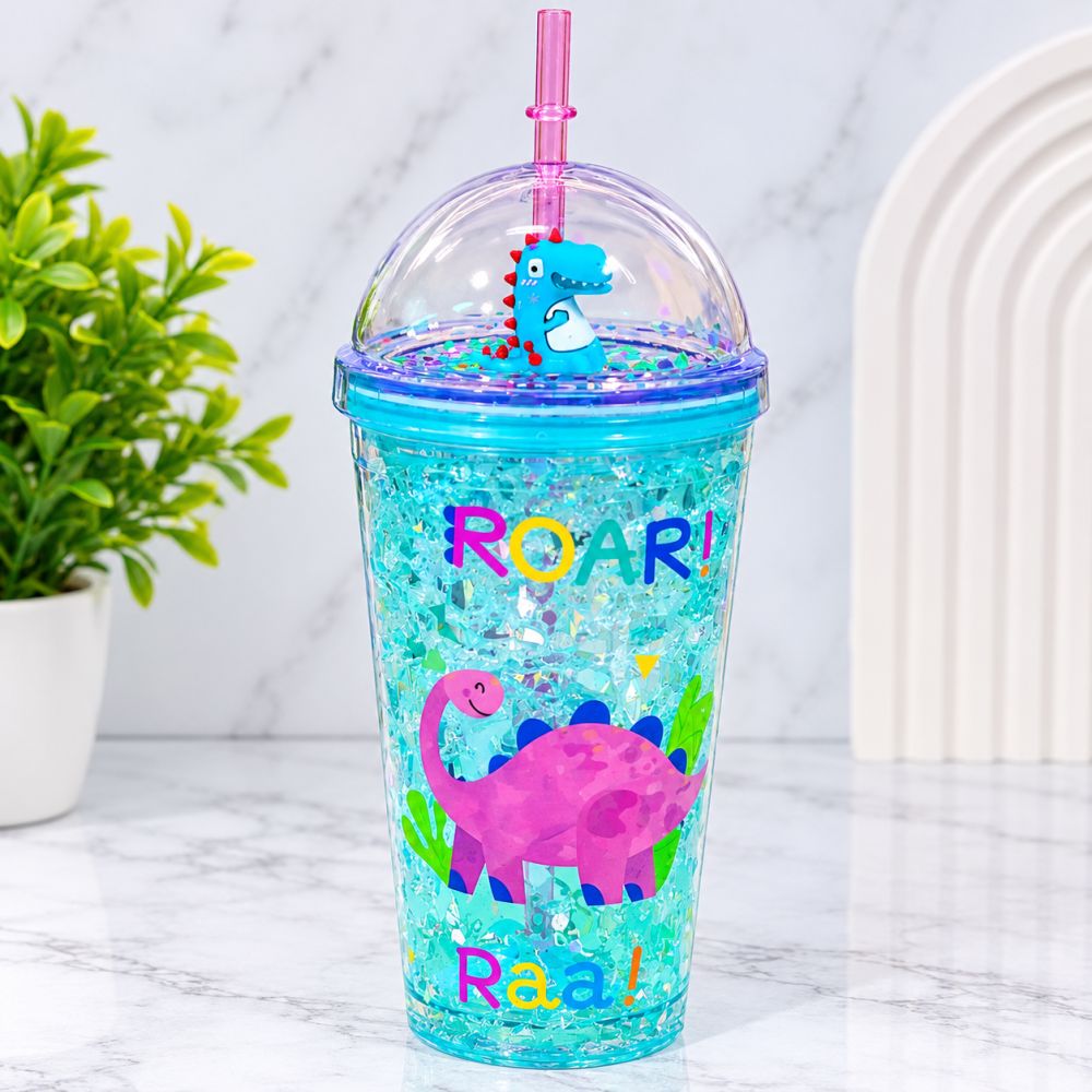 Vaso con pajita y diseño de dinosaurio