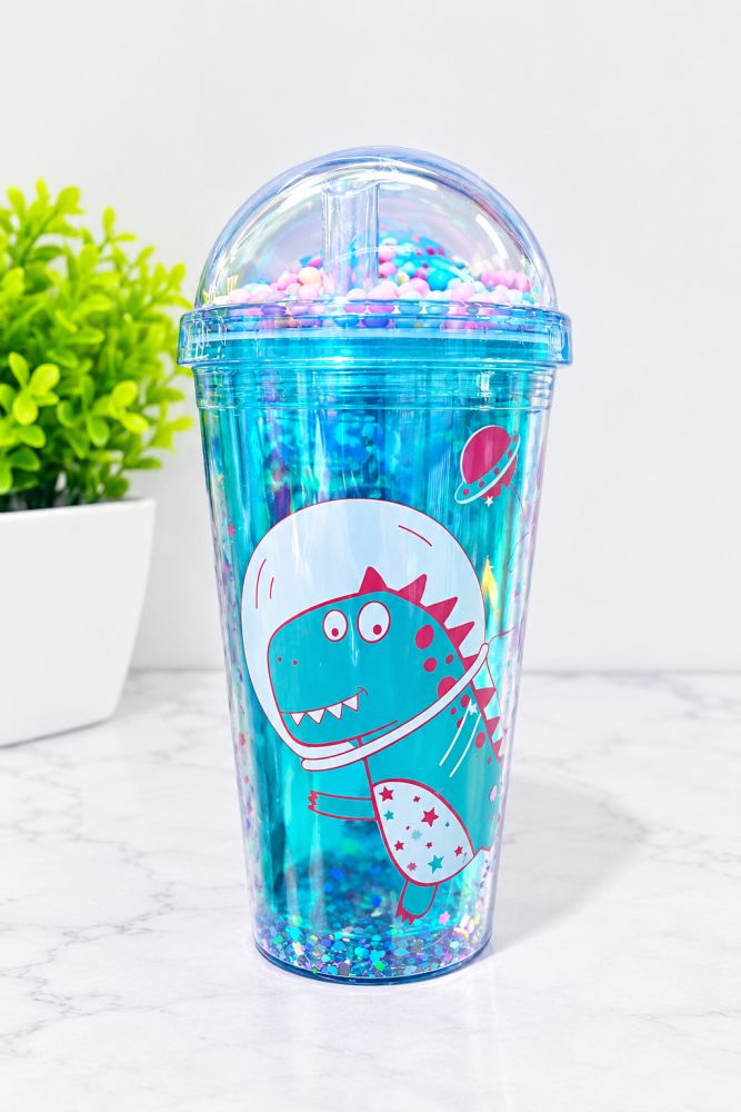 Vaso infantil con tapa tipo domo, diseño dinosaurio