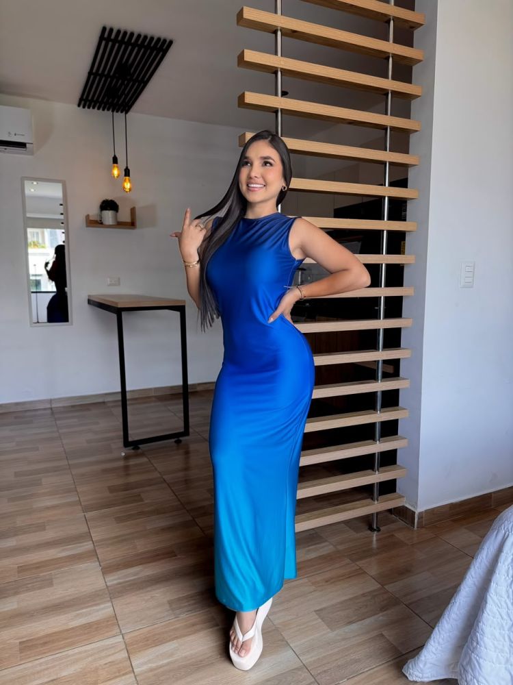 Vestido Largo Ajustado Azul Algodon Elena