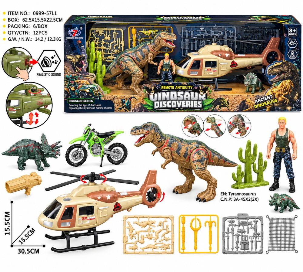 Set de dinosaurios con helicóptero y accesorios